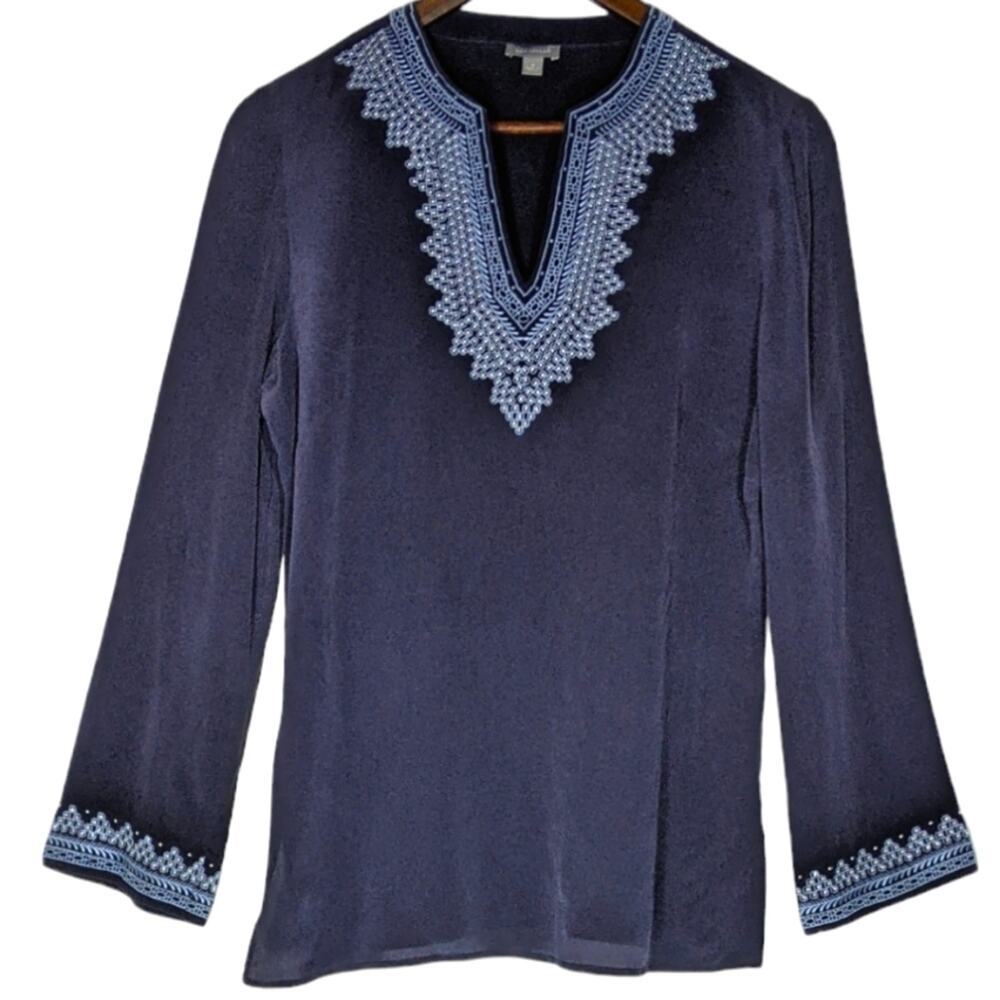 Ann Taylor 100% Silk Embroidered Tunic Blouse Top Navy Blue Top Medium Shirt